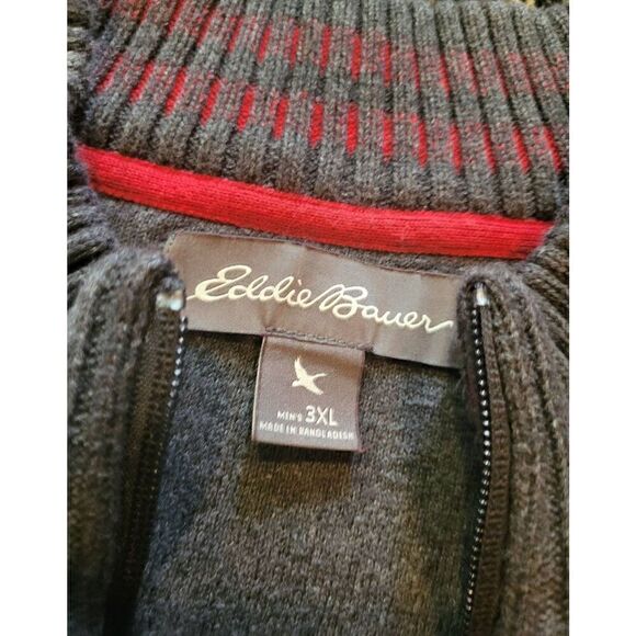 Eddie Bauer Sweater Men's 3X Burgundy Grey Quarter Zip Heavy Cotton Striped - Picture 3 of 4